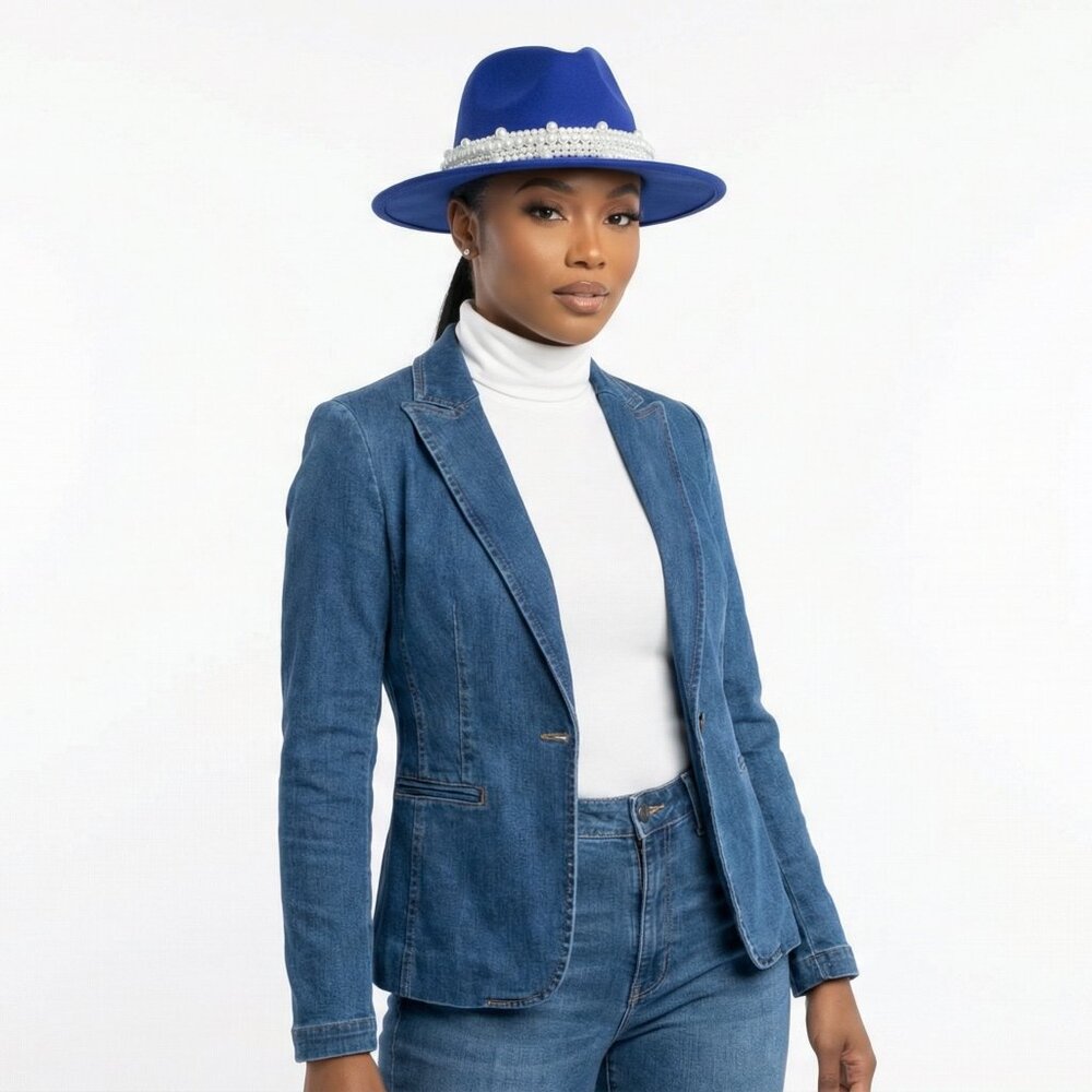New Style Royal Blue Fashion Fedora Jazz Hat with Wide Pearl Belt - Picture 2 of 7